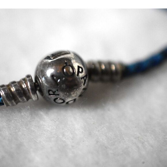 Pandora Blue Woven Leather Double Loop Band Sterling Silver Charm Bracelet - Picture 3 of 3
